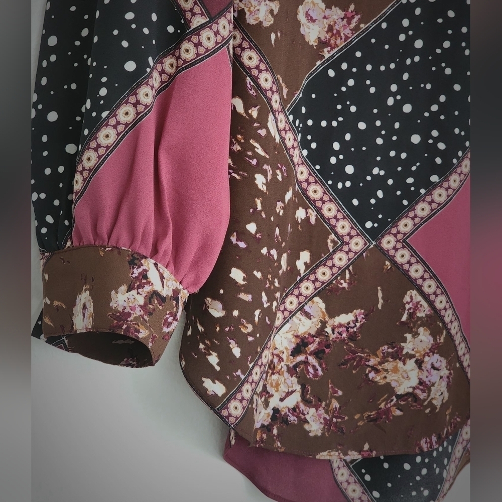 Maurices Patchwork Tunic Blouse Pullover Semi-Sheer Long Sleeve Button Cuff- M - Picture 2 of 13